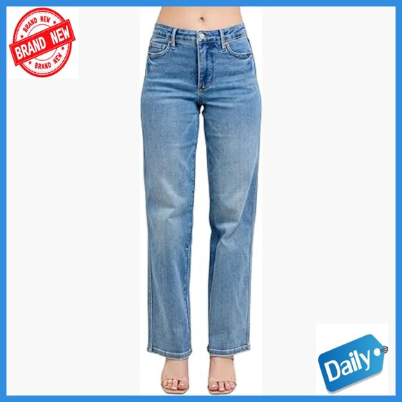 Mid Rise Tummy Control Straight Leg Jeans 31 Inseam Stretch Denim